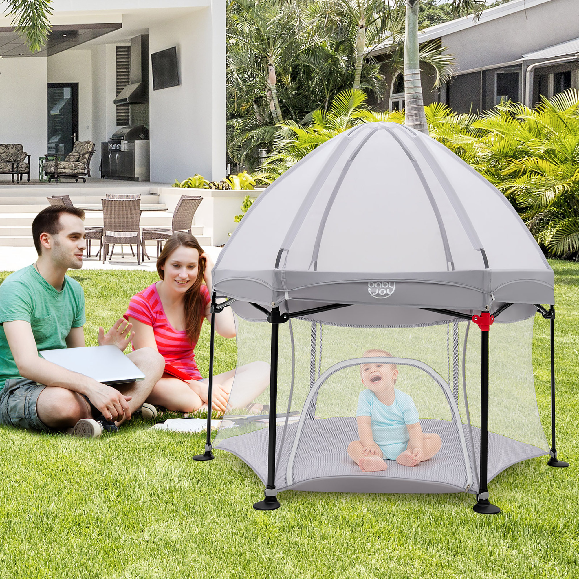 Costway 53 Outdoor Baby Playpen W Canopy Carrying Bag Portable Play Yard Toddlers Wayfair Canada